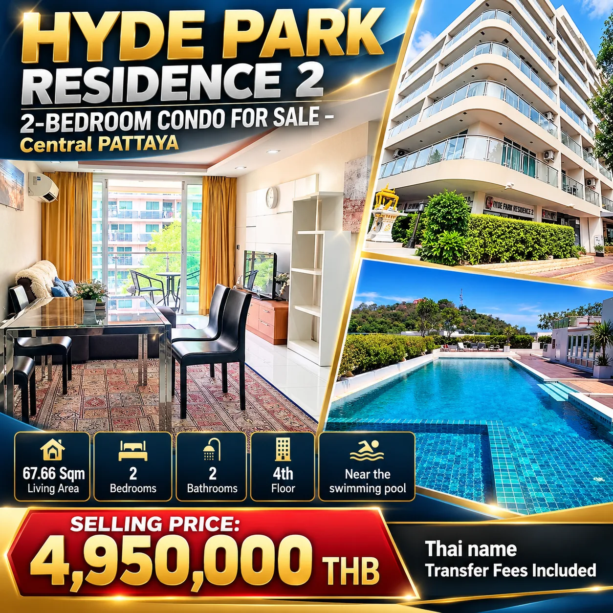 HYDE PARK RESIDENCE 2, 2-BEDROOM CONDO FOR SALE – South  PATTAYA