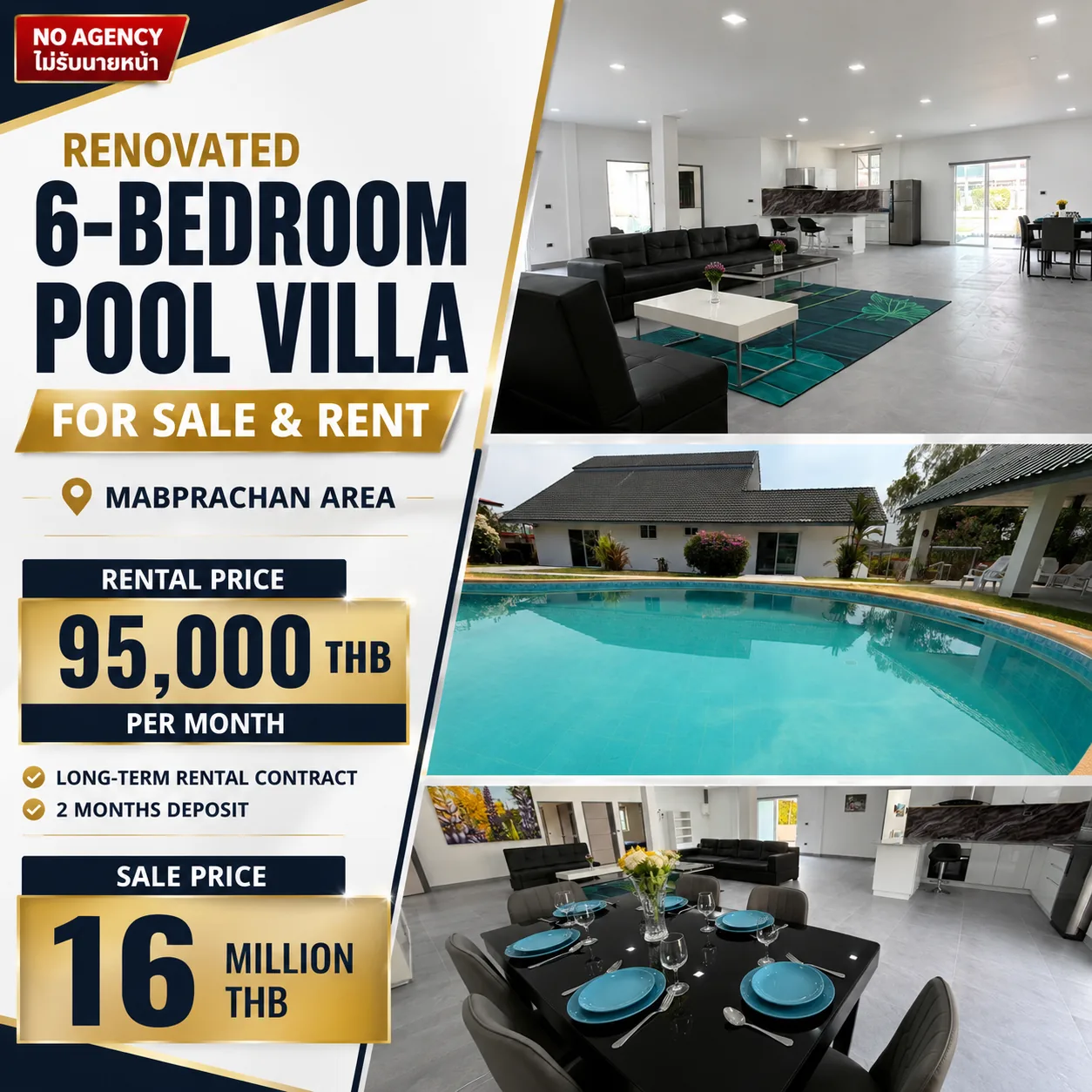 1 Rai Renovated 6-Bedroom Pool Villa for Sale & Rent – Mabprachan Area