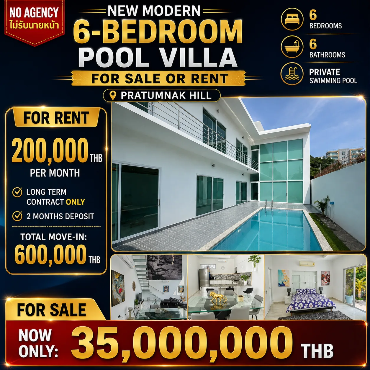 New Modern 6-Bedroom Pool Villa for Sale or Rent – Pratumnak Hill